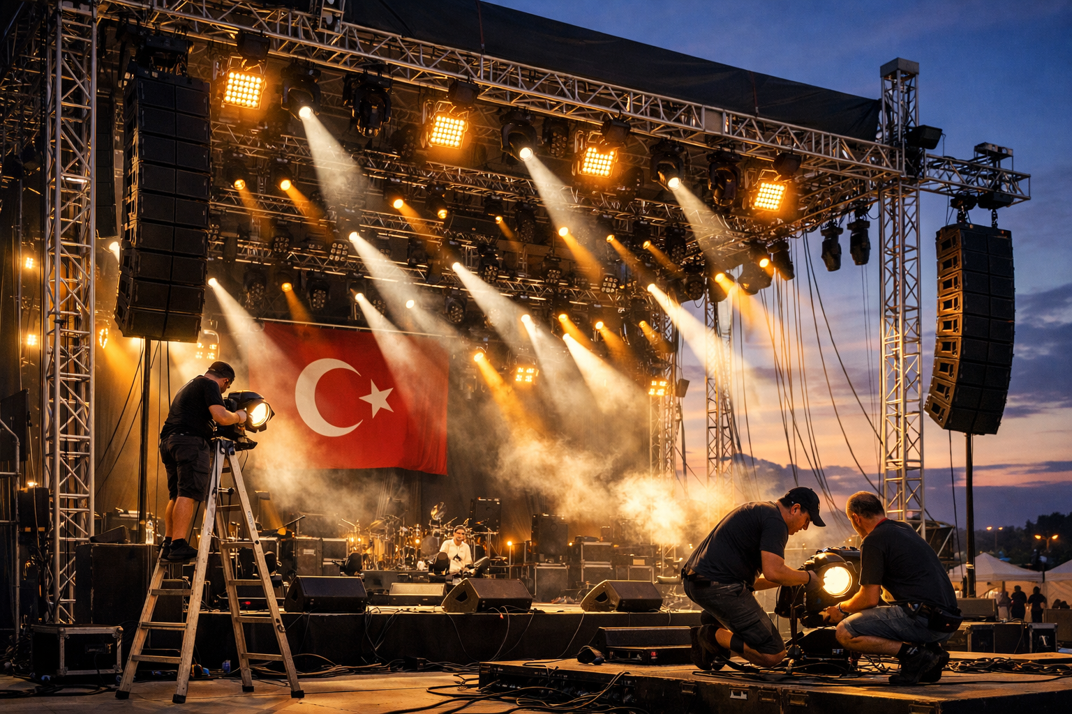 Festival sahnesinde isik ve ses sistemi kurulumu